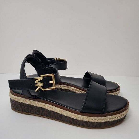 MICHAEL KORS Richie Platform Sandals Womens 7.5 Black MK Gold Logo Espadrille - Picture 1 of 10